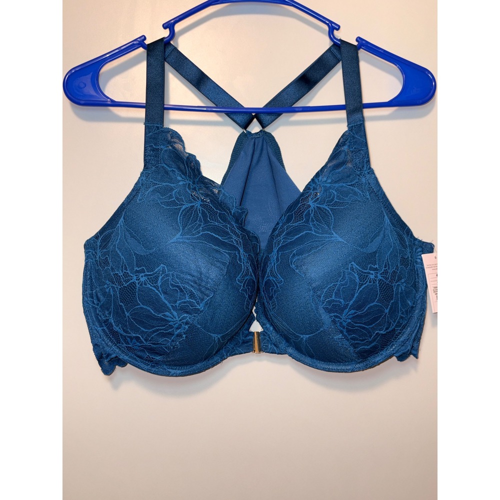 Auden Teal Blue Floral Lace Front Clasp Racerback Padded Underwire Bra 46C NWT